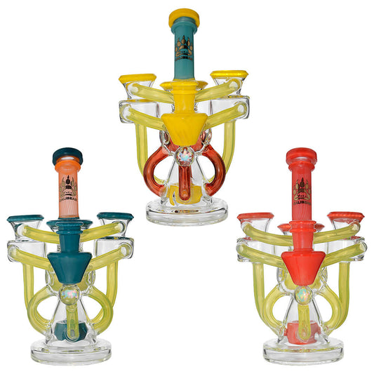 Calibear artistic recycler dab rig with encased opal and colorful multi-chamber borosilicate glass recycler design.