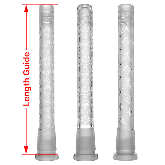 CALIBEAR Etched Art Downstem with unique hand-etched design, thick borosilicate glass, multiple sizes available for dab rigs.