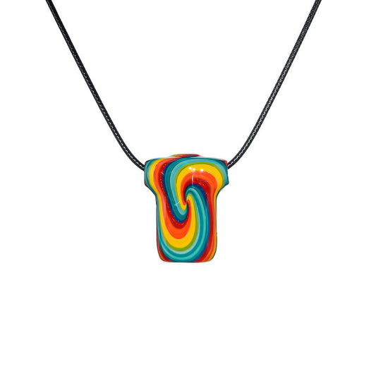 Three T-shirt shaped glass pendants featuring vibrant wigwag swirl patterns in orange, rainbow, and green hues on black cords.
