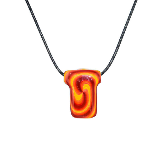 Three T-shirt shaped glass pendants featuring vibrant wigwag swirl patterns in orange, rainbow, and green hues on black cords.