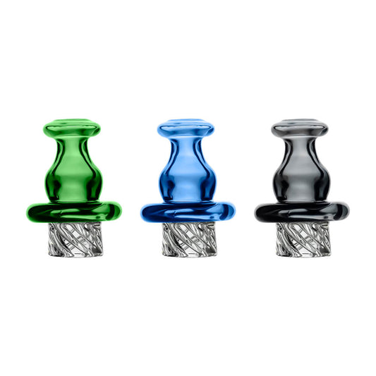 Calibear Classic Bell Vortex Spinner Cap in Green, Blue and Transparent Black, featuring rounded bell-shaped glass bodies and clear twisted airflow bases