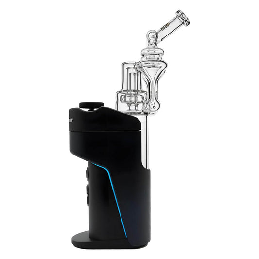 Calibear DUO RBR Recycler Glass Attachment (Clear) installed on Dr. Dabber Switch Go with dual recycler system and angled mouthpiece