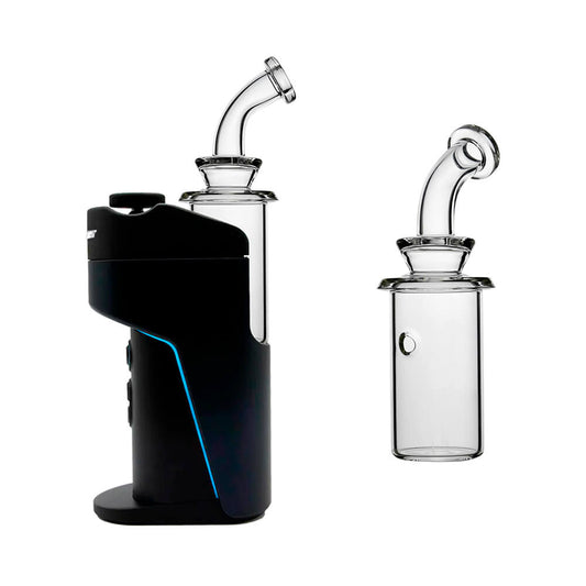 Calibear Dry Glass Attachment (Clear) shown installed on Dr. Dabber Switch Go alongside the standalone dry glass chamber
