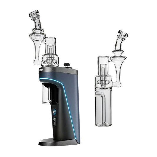 Calibear Dual-Perc RBR Recycler Glass Attachment (Clear) for Dr. Dabber Switch 2, installed and standalone views showing dual-perc filtration and drop-down glass design