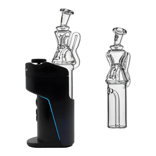 Calibear Gilly Recycler Glass Attachment (Clear) for Dr. Dabber Switch Go, installed and standalone comparison showing hourglass recycler chamber and curved glass tubes