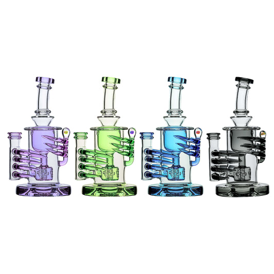 CaliBear Horn Torus dab rig lineup in multiple colors, standing 7 inches tall with a skeleton claw recycler design and encased opal.