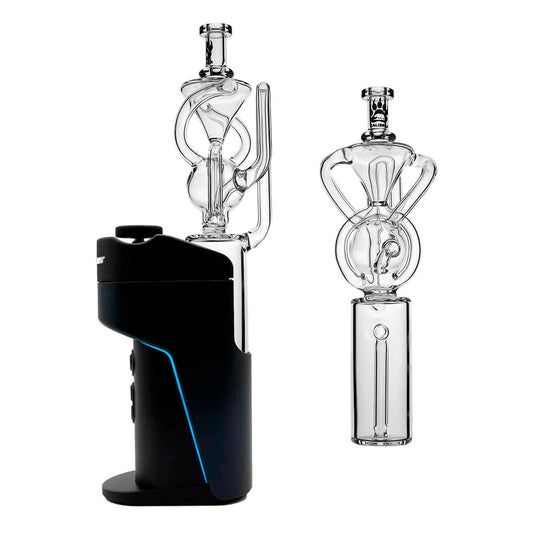 Calibear Orb Recycler Glass Attachment (Clear) for Dr. Dabber Switch Go, installed and standalone comparison highlighting orb recycler design and external water circulation pathways