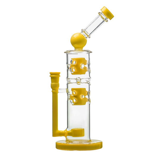 Calibear sidecar straight fab glass bong with yellow accents and Flower of Life perc, 14.5mm joint