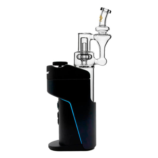 Calibear clear borosilicate RBR recycler glass attachment shown standalone and mounted on a black Dr. Dabber Switch e-rig base.