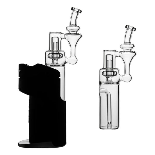 Calibear RBR Recycler Glass Attachment for Dr. Dabber Switch, featuring a clear borosilicate glass water filtration bubbler shown both attached to the black device base and as a standalone piece.