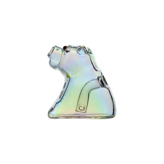 Calibear Signature Bear Joint Holder (Iridensent), iridescent glass bear-shaped pre-roll holder with angled side opening and flat display base