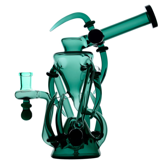 Calibear Spike Recycler Dab Rig in (Aqua ), featuring sculpted glass spikes, looping recycler tubes, and an angled mouthpiece, front view.