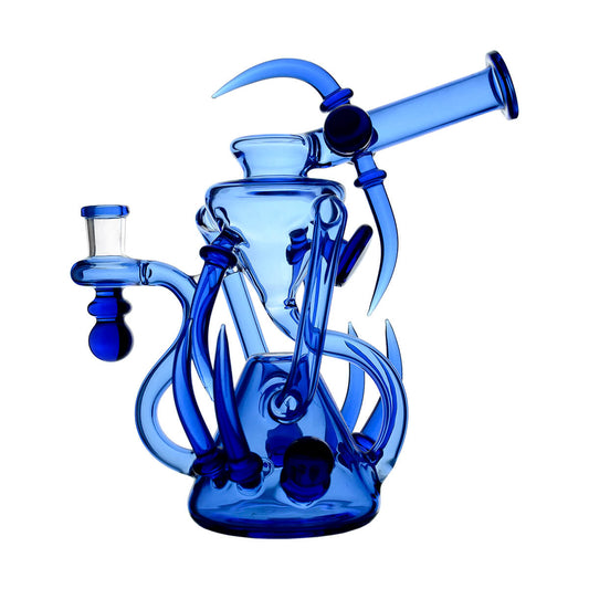 Blue Calibear Spike Recycler Dab Rig front angled view featuring a central funnel chamber, curved recycling tubes and spike-shaped glass details.