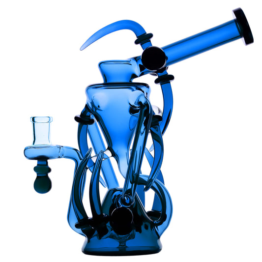 Calibear Spike Recycler Dab Rig in (Blue-D ) with a sculpted central chamber, curved spike accents, and interconnected recycler glass tubes.
