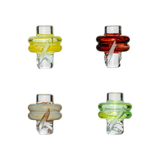 Calibear Spinner Carb Cap (YLemon Candy,Lime Candy,Self-Striking Red and Toffee Brown) for Dr. Dabber Switch Go, Puffco Proxy and 20mm OD Quartz Bangers, four glass caps with spiral airflow