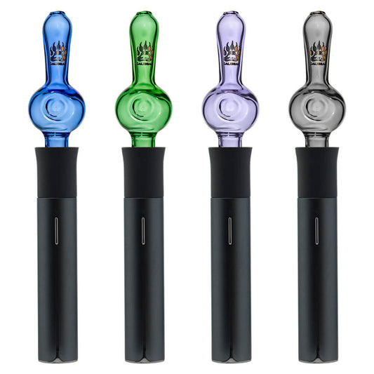Calibear Spoon Pipe Glass Mouthpiece (Blue, Green, Purple & Smoke) installed on Puffco Pivot, showing rounded spoon-style chambers and elongated glass mouthpieces
