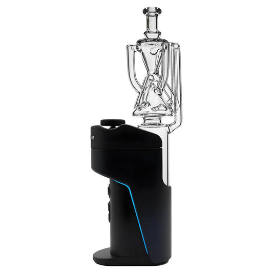 Calibear Tricycler clear glass attachment shown installed on and beside a Dr. Dabber Switch Go device