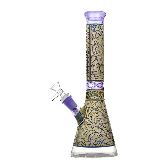 Calibear 12 inch limited edition sandblasted glass beaker bong with intricate art engravings and Northstar purple and lime green accents.