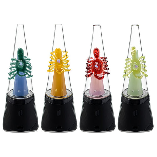 Four Calibear Decapod Puffco Peak replacement glass cones mounted on black e-rig bases, showcasing internal teal, yellow, red, and light-green hand-sculpted octopus figures wrap around the inner cone with a sparkling embedded opal eye.