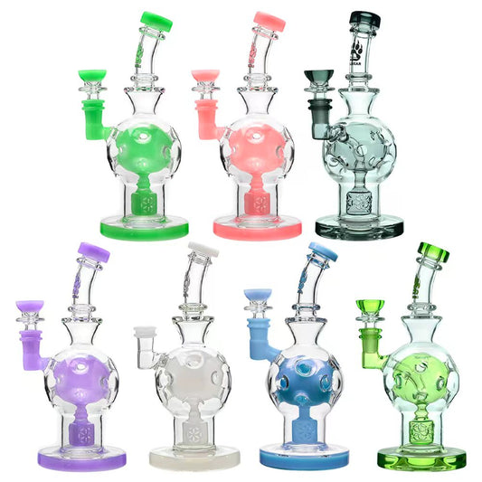 Calibear 8 inch exosphere dab rig with purple accents and a Seed of Life percolator, featuring a clear glass spherical body and 14.5mm female joint.