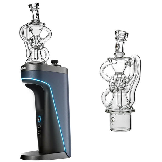 Calibear FTK Recycler glass attachment for Dr. Dabber Switch 2 with Fab Torus Klein spiral recycler design and Calibear logo.
