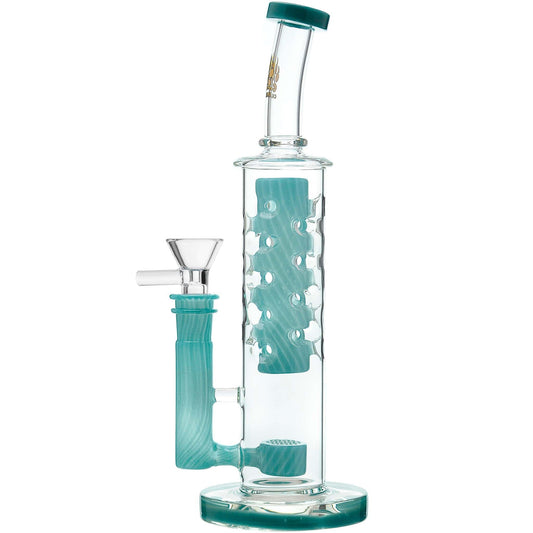 Calibear Flower Straight Fab-V2 water pipe series featuring Flower of Life percolator and colored translucent cores in Blue, Purple, Black, Green, Orange, and Yellow.