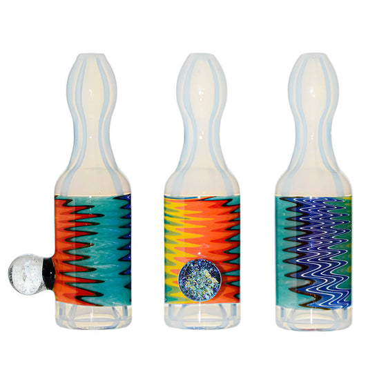 Calibear premium glass chillum pipe with colorful wigwag swirl pattern and dichro marble accent, handcrafted borosilicate smoking pipe