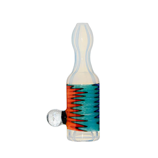 Calibear premium glass chillum pipe with colorful wigwag swirl pattern and dichro marble accent, handcrafted borosilicate smoking pipe