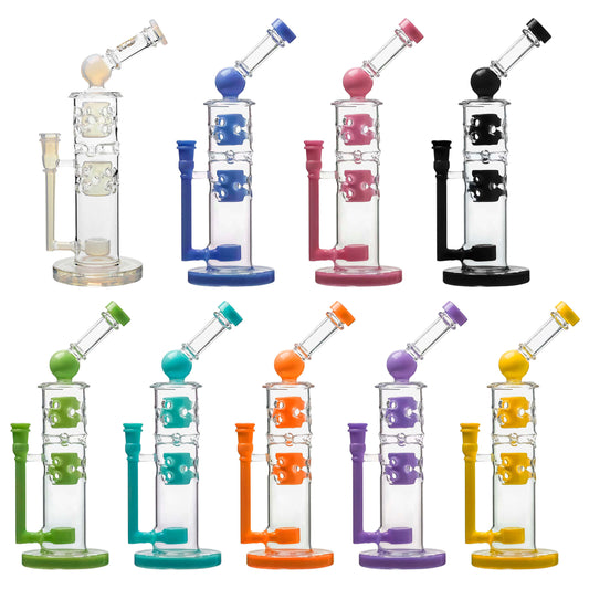 Calibear sidecar straight fab glass bong with yellow accents and Flower of Life perc, 14.5mm joint