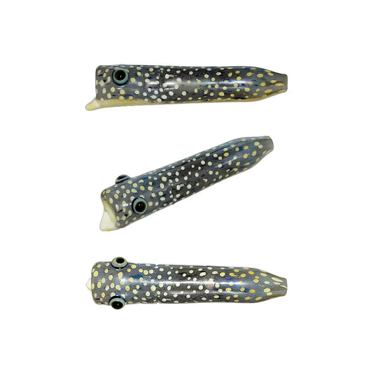 CaliBear Speckled Eel chillum glass pipe featuring a realistic yellow and black spotted eel design with detailed eye.