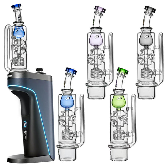 Calibear Straight Fab Torus Incycler glass attachments for Dr. Dabber Switch 2 in multiple colors including blue, purple, green, and black accents.