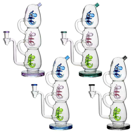 Calibear Triple Yoshi Egg recycler dab rig showcasing four stacked glass water pipe color options in purple, green, blue, and black accents with blue, pink, and green internal egg percolators.
