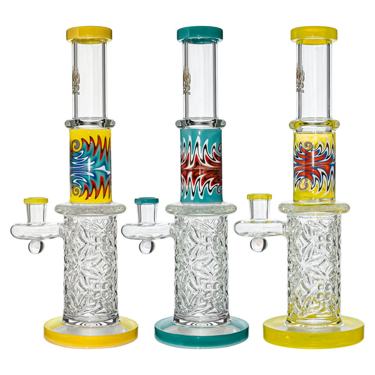 Calibear 11.8 inch Wigwag Wall Perc Glass Bong in Yellow and Teal with Encased Opal and textured base.