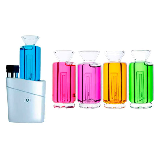 Five colorful Chill Pop glycerin-filled glass toppers for Focus V Carta and VLAB Halo in pink, purple, blue, orange, and green on a white background.