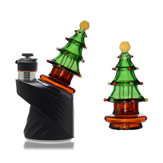 Calibear Christmas tree glass top attachment with layered green branches shown on a Puffco Peak device and standalone.