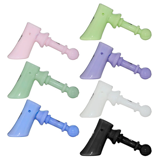 Calibear Classic Axe-Shaped Glass Pipes in ten different translucent and opaque colors including blue, lavender, pink, and amber, showcasing the freestanding hatchet head bowl and textured handle.