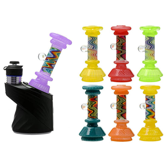 A collection of CaliBear glass attachments for Puffco Peak OG and Pro featuring vibrant wigwag swirl patterns in multiple colors and encased opal accents.