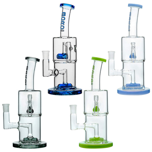 Calibear Double Hex dab rigs in five colorways, featuring a dual-chamber clear borosilicate body with colored accents on the base, percolators, and mouthpieces.