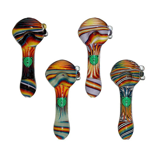 Four extended glass spoon pipes featuring vibrant, multi-colored wigwag linework and a signature green bear emblem on each stem.