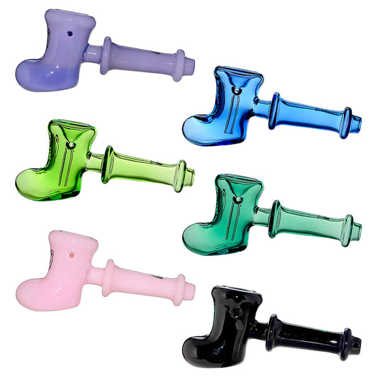 Calibear Hand-Blown Glass Boot Spoon Pipes in lavender purple, cobalt blue, lime green, teal green, pastel pink, and solid black colors showcasing the novelty boot-shaped flower bowl and elongated handle.