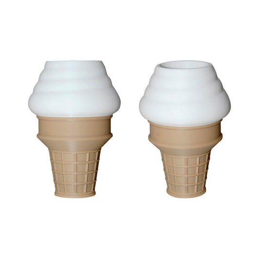 Calibear Ice Cream Core Stand (White & Tan) with soft-serve cone design for Puffco Proxy Core, shown from two angles