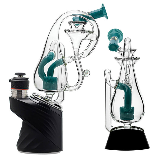 Calibear Klein Drop Bottle Puffco Peak OG & Pro Glass Attachment W/ Encaesd Opal Handcrafted Borosilicate Glass Installed profile view showing exact device fitment for Puffco Peak OG & Pro