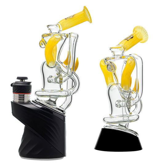 Multi-color recycler glass attachment for Puffco Peak OG & Pro by Calibear Glass, shown in yellow, green, teal, red, and amber, attached to a black Peak device.