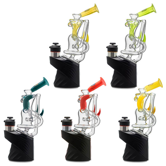 Multi-color recycler glass attachment for Puffco Peak OG & Pro by Calibear Glass, shown in yellow, green, teal, red, and amber, attached to a black Peak device.
