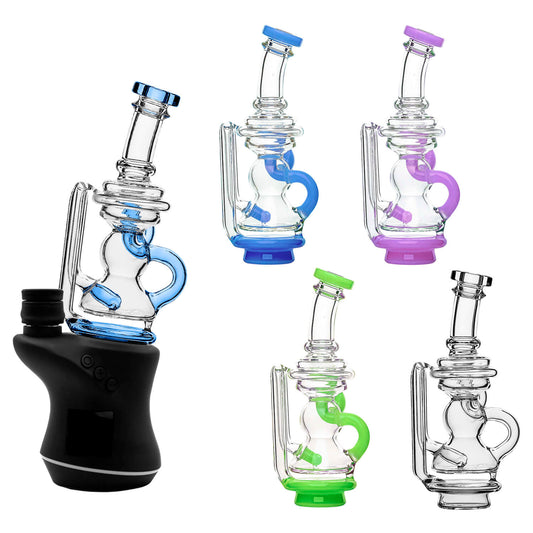 Calibear Mini Recycler Glass Attachment for Focus V Carta in blue, purple, green, and clear borosilicate glass options.