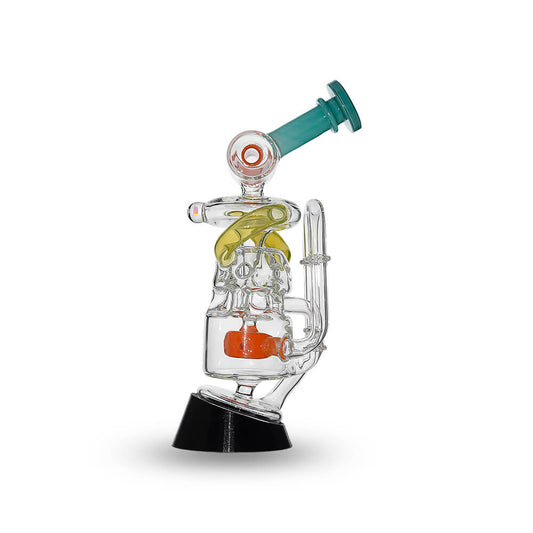 Calibear Glass Multi-Chamber Recycler Attachment for Puffco Peak OG & Pro in profile and front views.