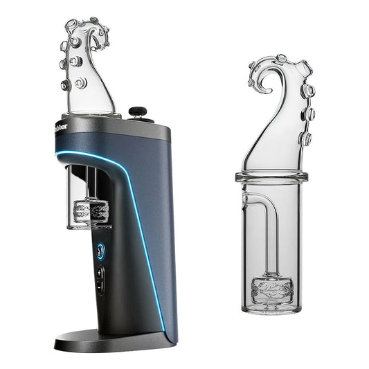 Calibear Octopus Tentacle glass attachment for Dr. Dabber Switch 2 featuring a clear glass matrix percolator and a detailed octopus tentacle mouthpiece with textured suction cups.