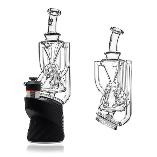 Octopus Recycler glass attachment by Calibear for Puffco Peak OG and Pro, showcasing the clear recycler tubes and sleek design on a black Peak base.