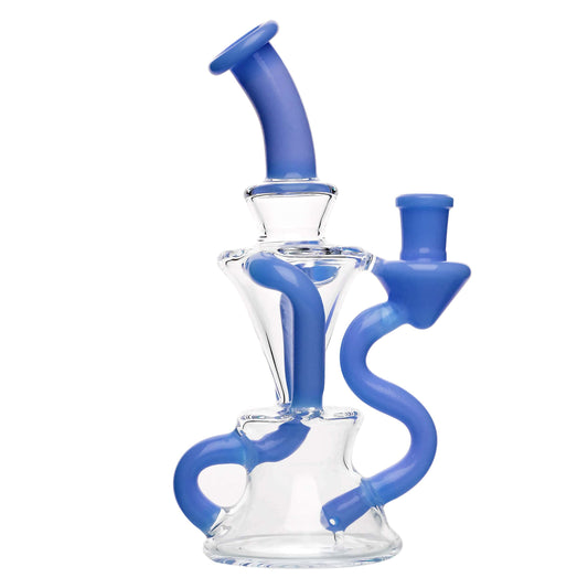 PREMIUM TWISTED RECYCLER RIG WITH COLOR-ACCENTED TUBES- Premium borosilicate glass dab rig from Calibear Glass. Ideal for dabbing, providing smooth hits and durability. Shop high-quality dab rigs, water pipes, bongs, erig glasses and glass smoking accessories at Calibear Glass. Elevate your smoking experience with a durable and stylish glass dab rig. Free shipping on all orders.