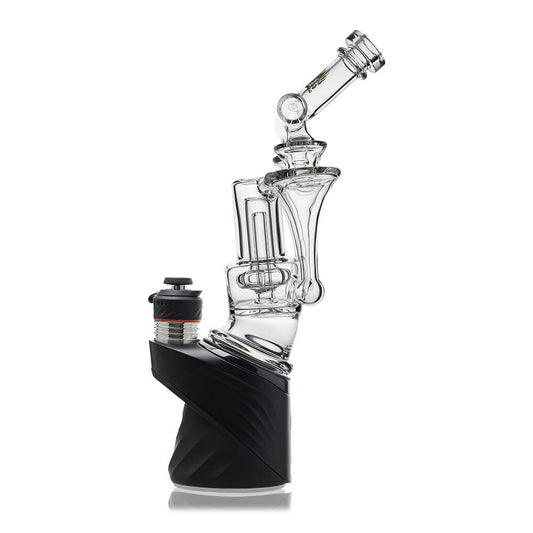 Calibear Premium DUO RBR Recycler clear glass attachment featuring a dual-drain external recycling system and angled neck, shown standalone and docked on a Puffco Peak Pro.